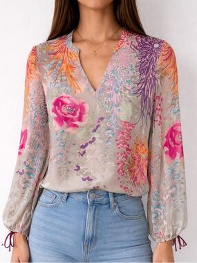 Hale Bob Silk Blend Floral Blouse XS Boho Resort Vacation Top Sheer Sleeve